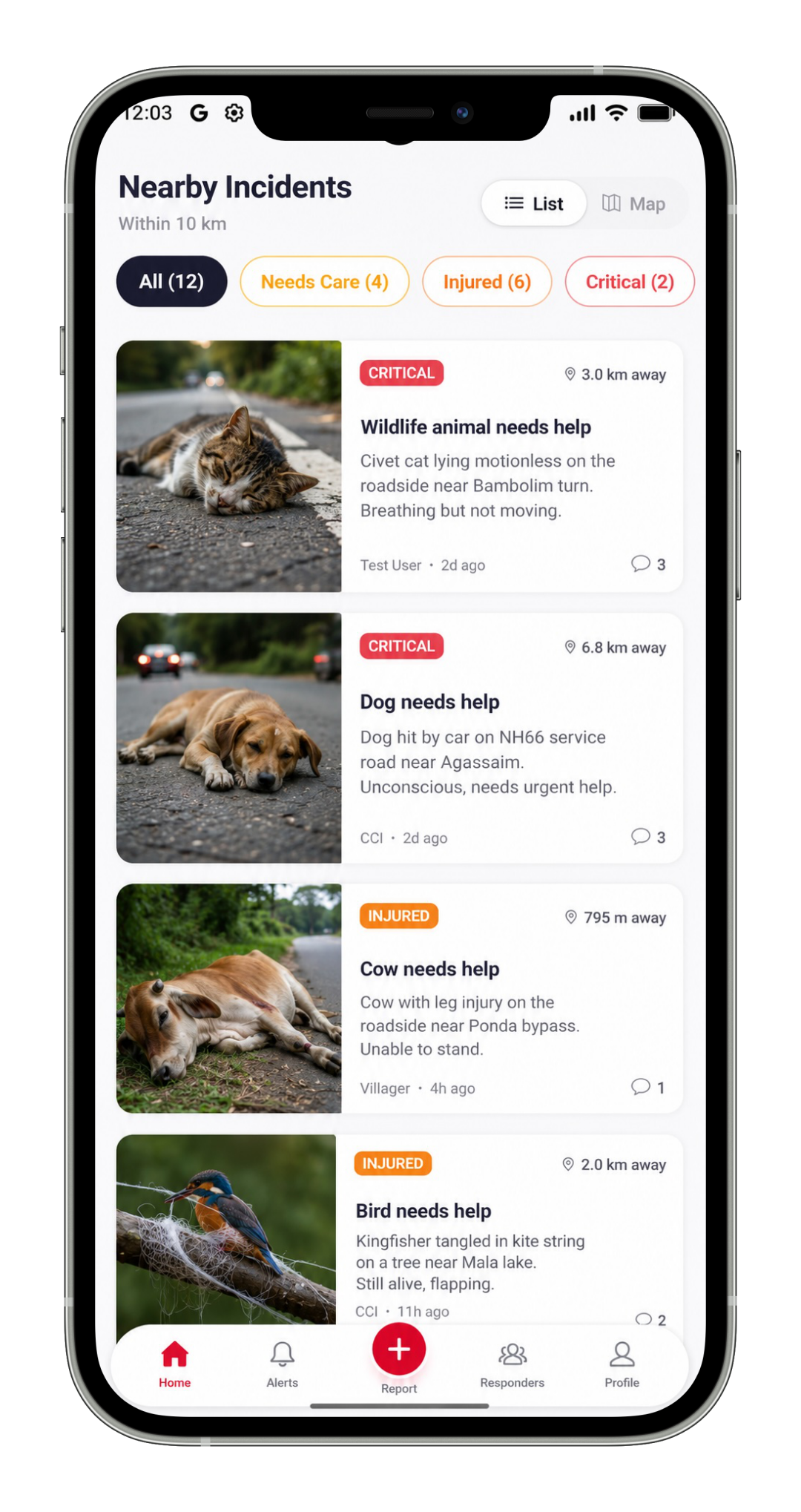 Nearby incidents feed sorted by severity
